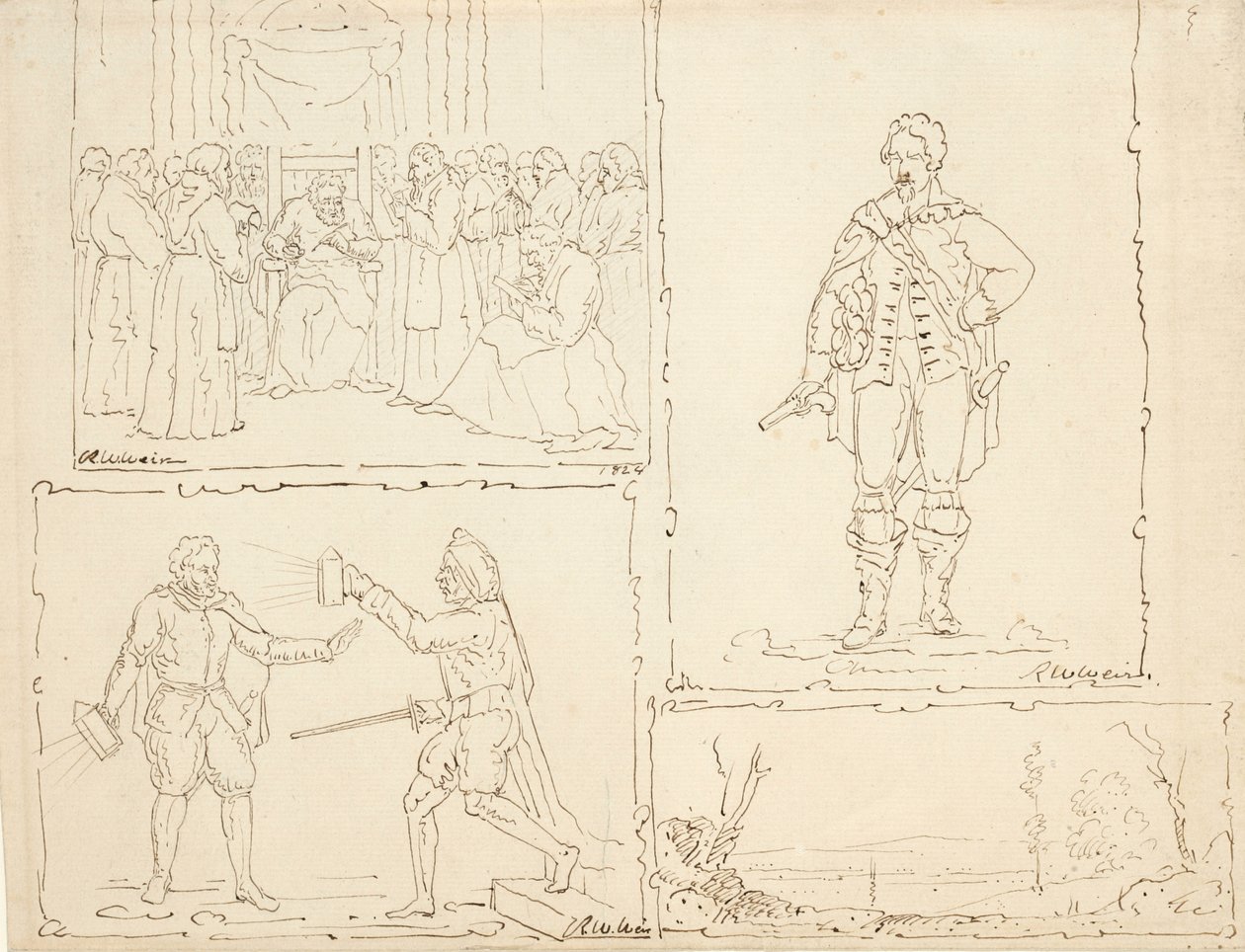 Dört eskiz, 1824 (devetüyü kağıt üzerine kalem ve kahverengi mürekkep) by Robert Walter Weir