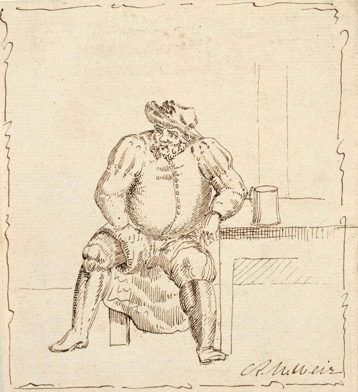 Kupa ile oturan adamın çizimi, muhtemelen Falstaff by Robert Walter Weir
