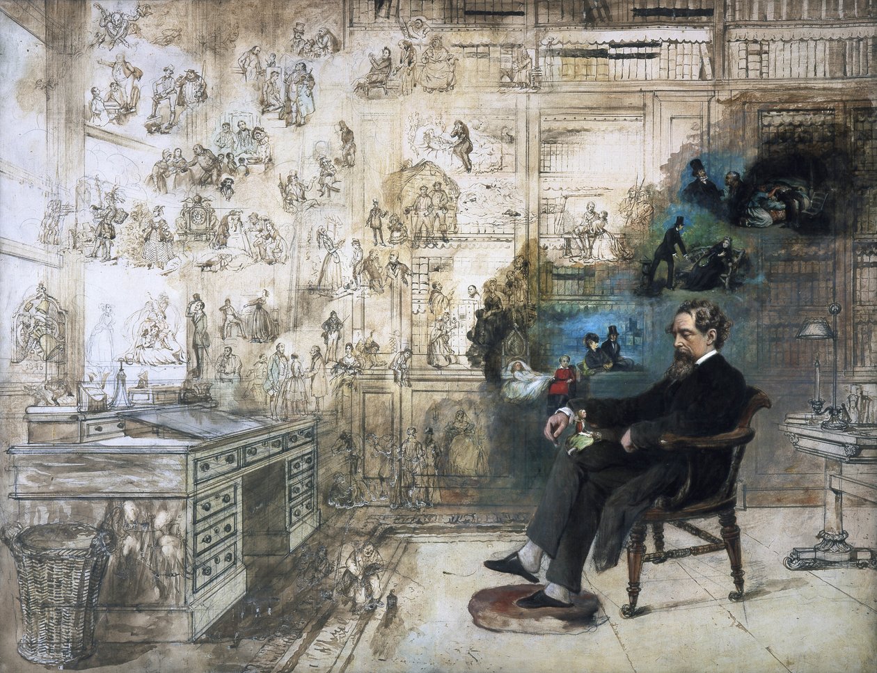 Dickens ve karakterlerinin ölümünden sonra yapılmış bir portresi; Dickens Rüyası, 1875 by Robert William Buss