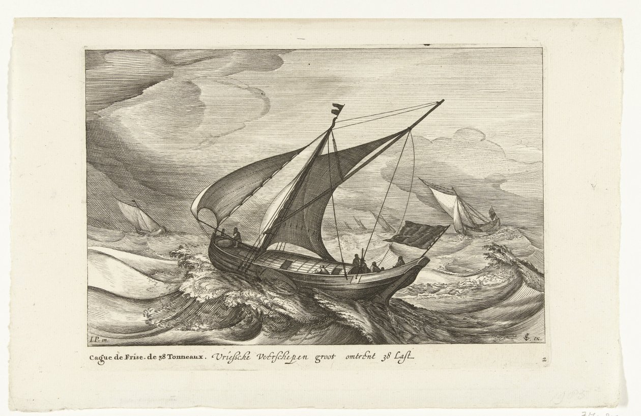 Frizce feribotları Vriesche Ferry, yaklaşık 38 Last / Cague de Frise kadar büyük gemiler. 38 Tonneaux (nesne üzerindeki başlık) Hollandalı gemi türleri, 1627 (seri başlığı) Divers Navires Don ton se sert dans les Provinces Unies / Icones Variarum Navium Ho by Robert de Baudous (possibly)