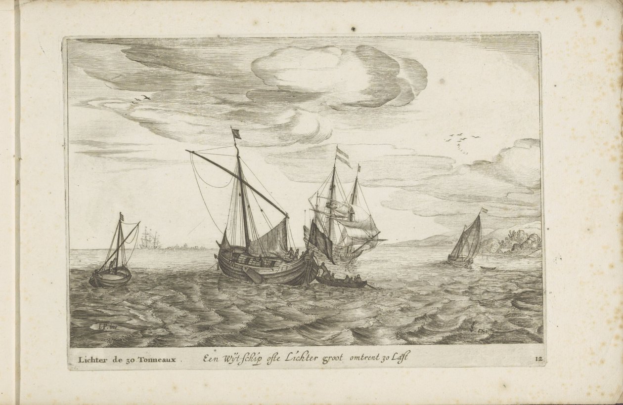 lichter Wijdschip Een Wyt-schip genellikle Lichter groot omtrent 30 Last / Lichter de 30 Tonneaux (nesne üzerindeki başlık) Çeşitli gemilerde sert les Provinces Unies / Kullanımları çoğunlukla iç sularda kontrol edilen çeşitli Hollanda gemilerinin simgeler by Robert de Baudous (possibly)