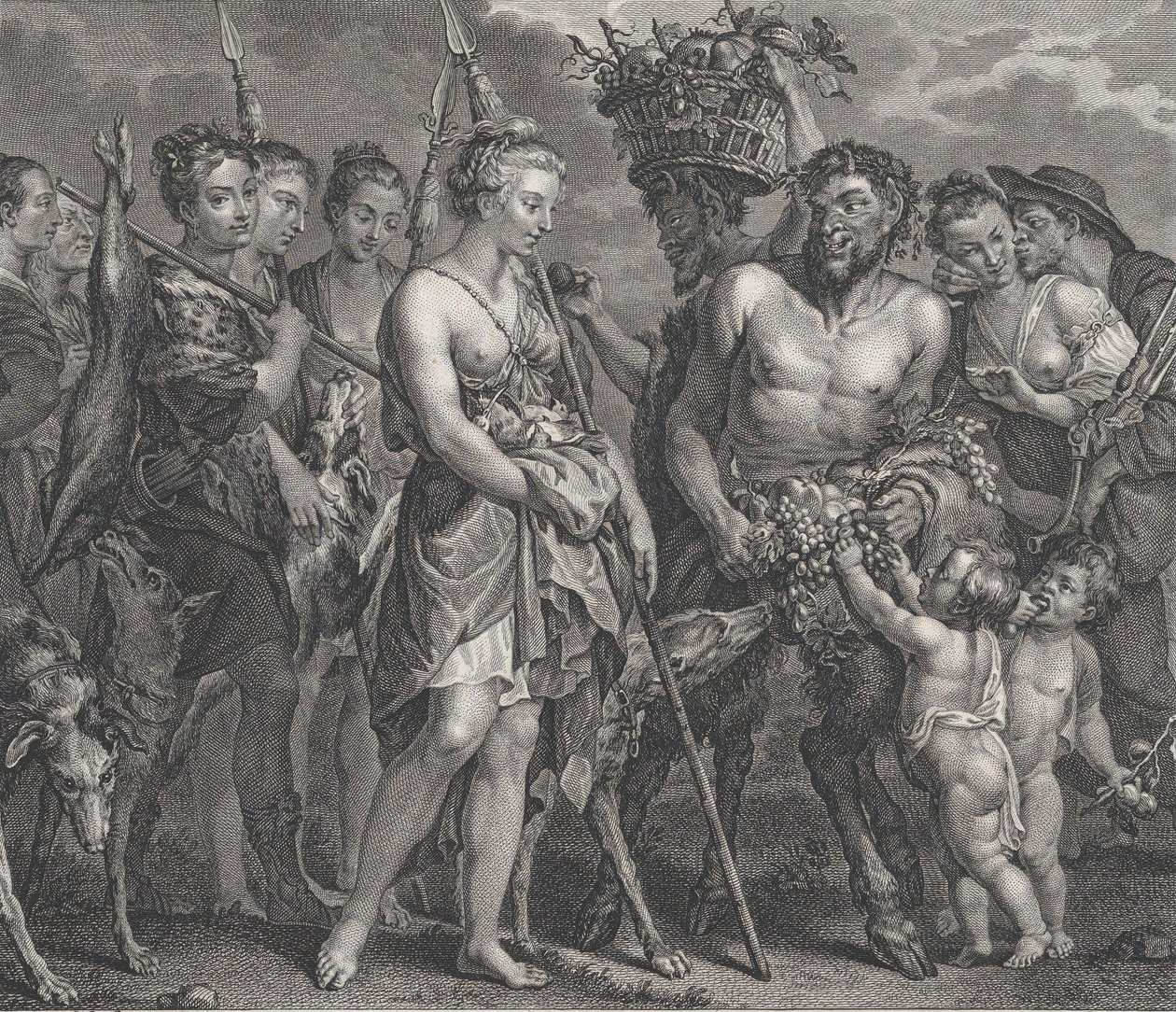 Kovalamacadan dönen Diana, yanında köpekler ve soldaki perileri, iki satir..., yakl. 1808 by Robert de Launay