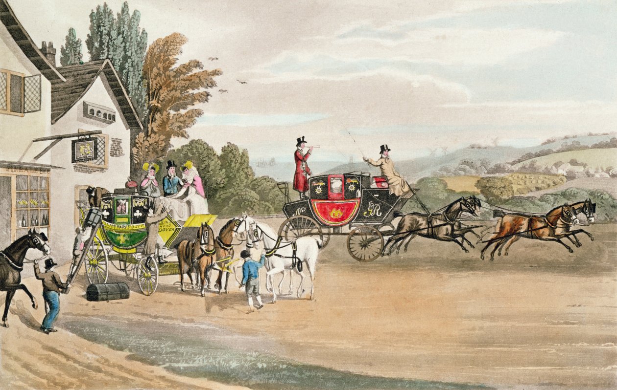 Londra Posta ve Sahne Koçu (renkli aquatint) by Robert the Elder Havell
