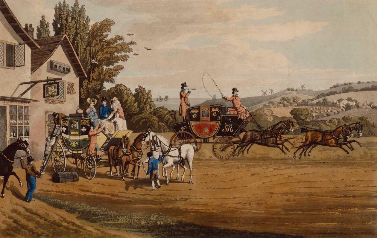 Londra Posta ve Sahne Koçu (renkli gravür) by Robert the Elder Havell
