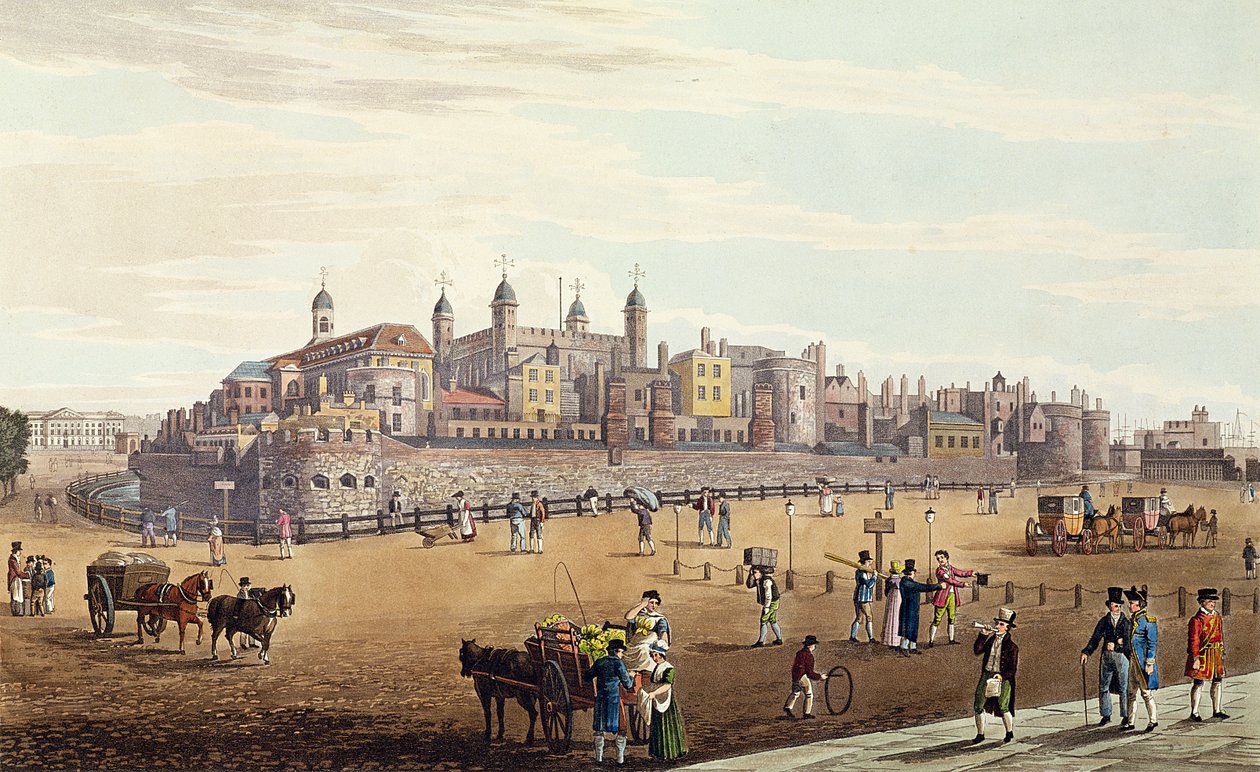 Londra Kulesi ve Darphane manzarası, pub. Colnaghi und Co, 1821 (renkli tanıdık) by Robert the Elder and Younger Havell