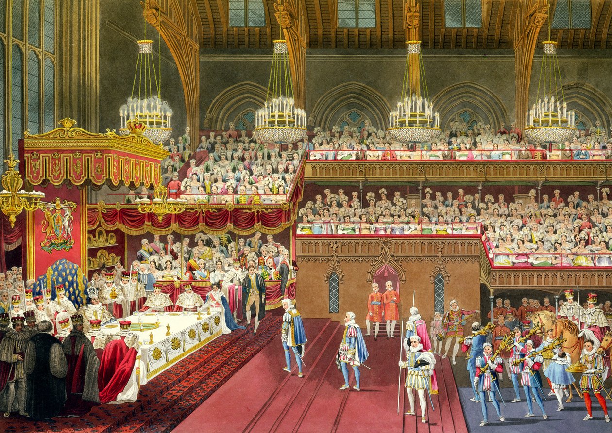 Kraliyet Ziyafeti, İlk Kursun Getirilmesi, 19 Temmuz 1821 (aquatint) by Robert the Younger Havell