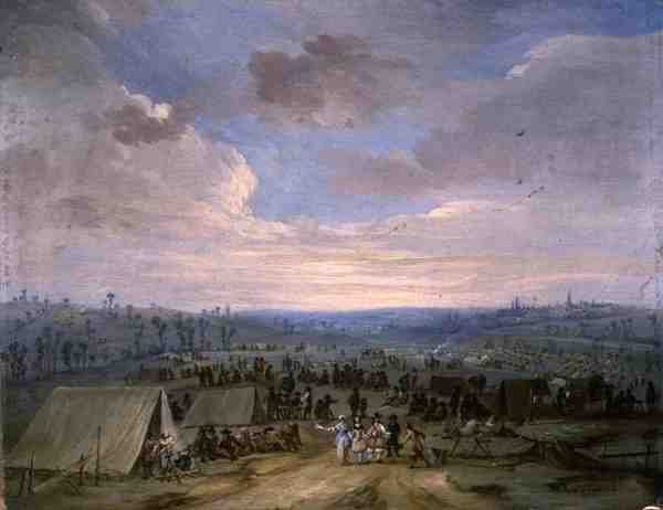 Bir Süvari Kampı (panelde yağ) by Robert van den Hoecke
