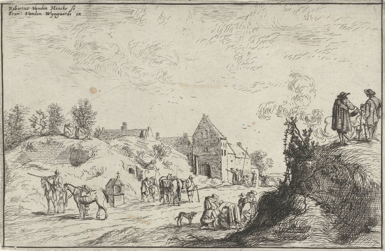 Bir köyün yakınındaki bir yolda birçok figür by Robert van den Hoecke