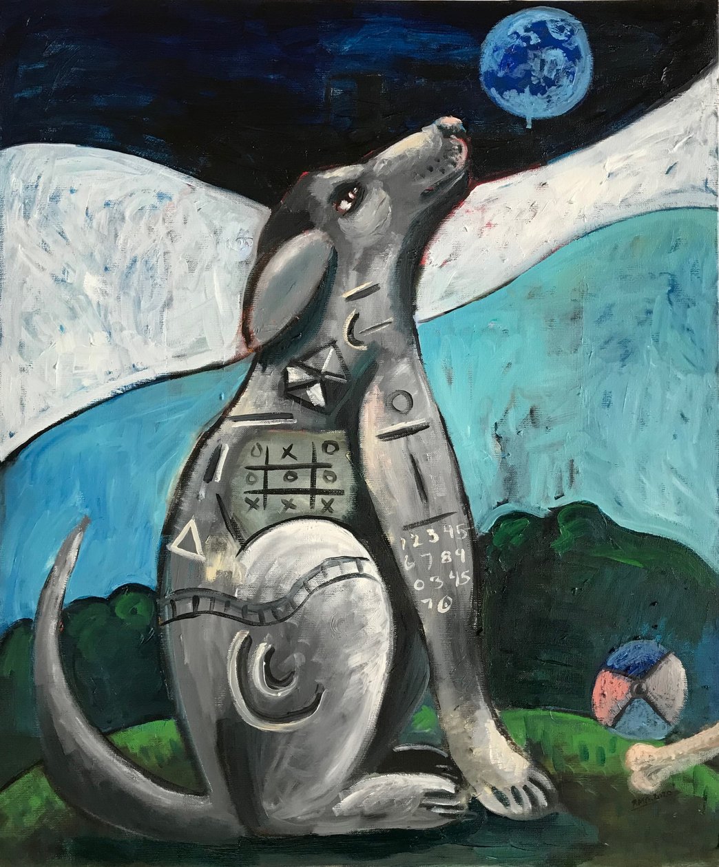 Köpek ve Mavi Ay, c.2020 (tuval üzerine yağlıboya panel) by Roberto Munguia
