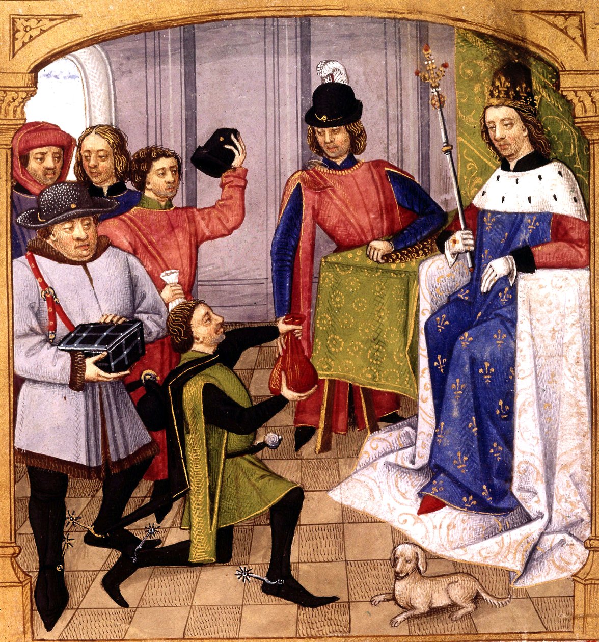 Fransız kinf Philip V (1293-1322) vergi alıyor, "Grandes Chroniques de France" 1471'den Robinet Testard tarafından aydınlatma by Robinet Testard