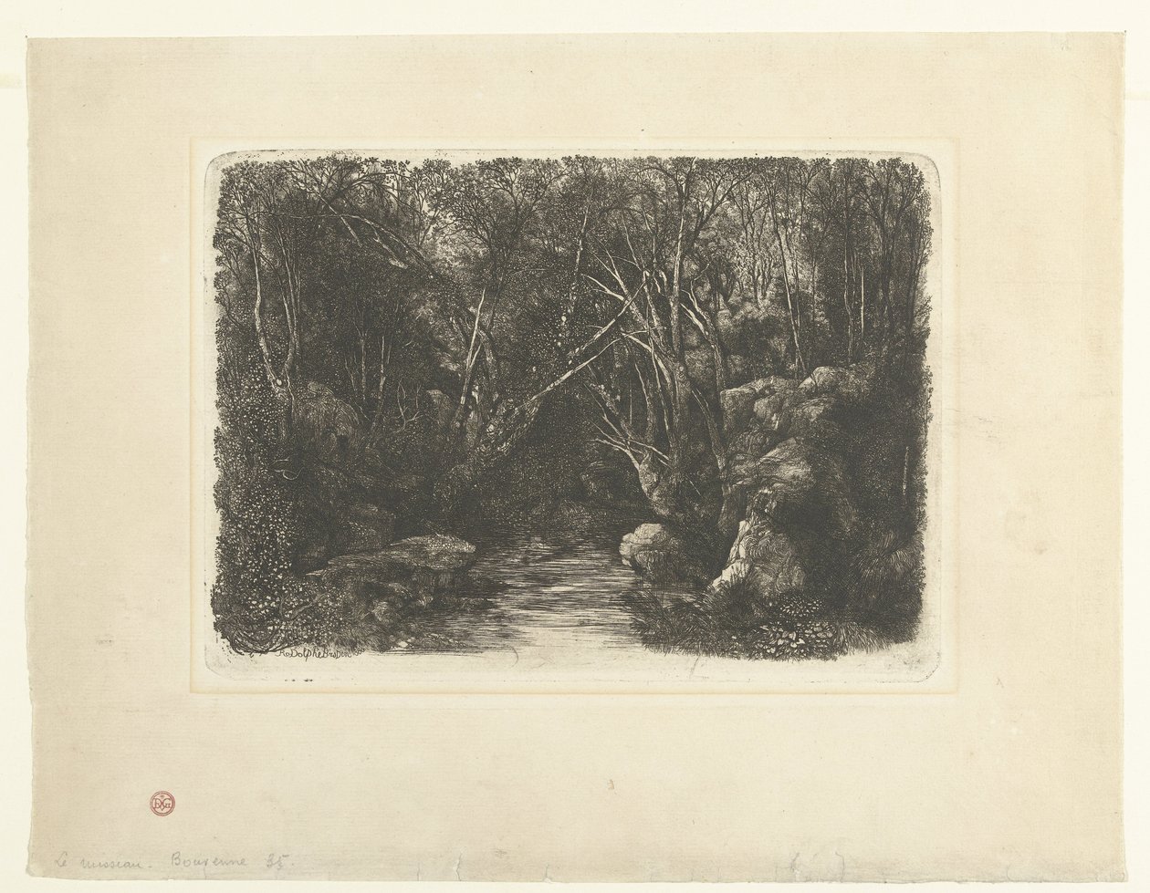 Dere ve sarkan ağaçlar ile orman manzarası Le Ruisseau sous bois by Rodolphe Bresdin