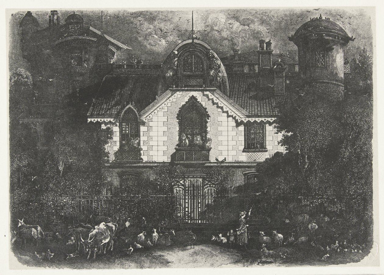 Bir çitin arkasında kulesi olan bir ev ve sığırlı bir çoban maison büyücü by Rodolphe Bresdin