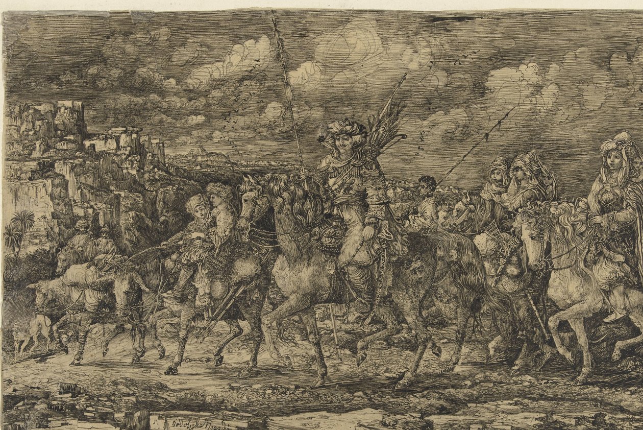 Hizmetçiler ve sığırlarla çevrili karılarıyla birlikte bir manzarada at sürüyorlar. by Rodolphe Bresdin