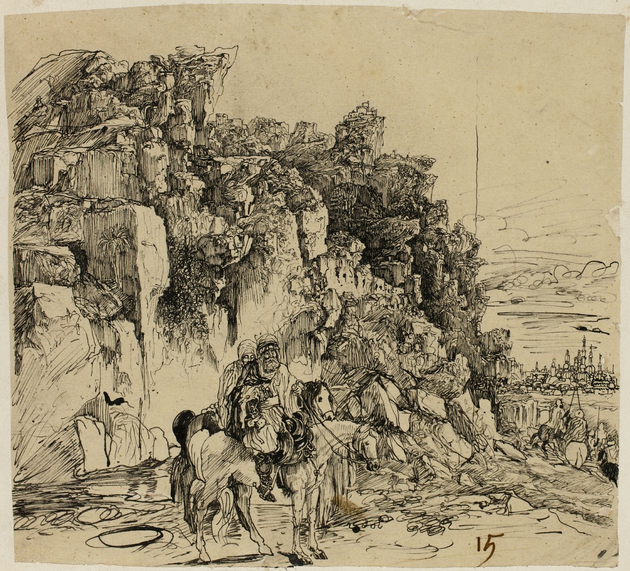 Atlılarla Dağlık Manzara by Rodolphe Bresdin