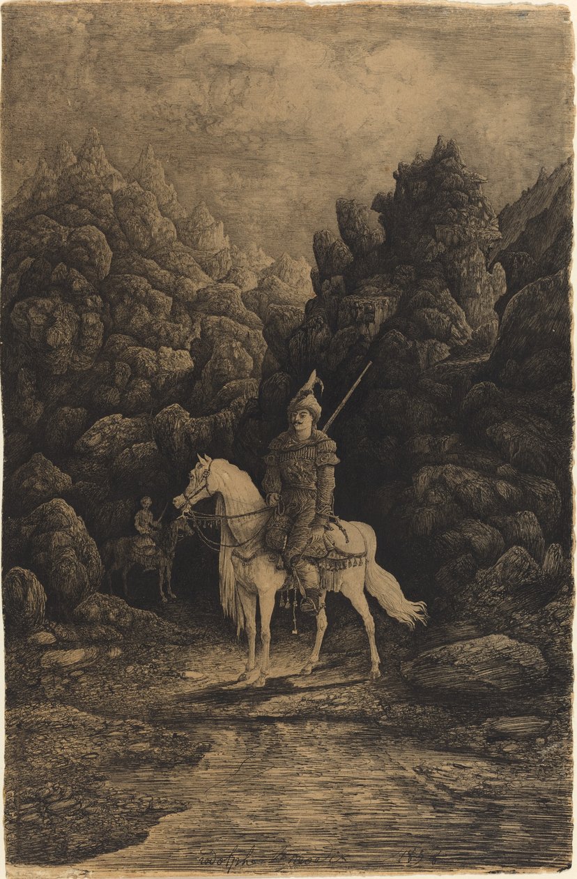 Issız bir dağ manzarasında oryantal süvari by Rodolphe Bresdin