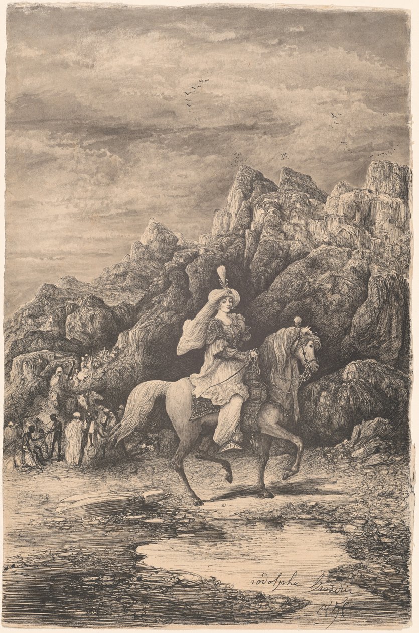 Issız bir dağ manzarasında oryantal binici kadın by Rodolphe Bresdin
