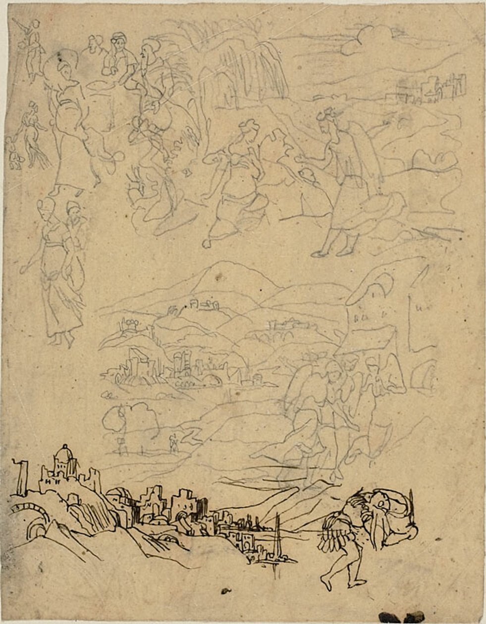 İncil Sahnelerinin Eskizleri, Göl Kıyısındaki Kasaba, Dağ Köyü, Savaşçı by Rodolphe Bresdin
