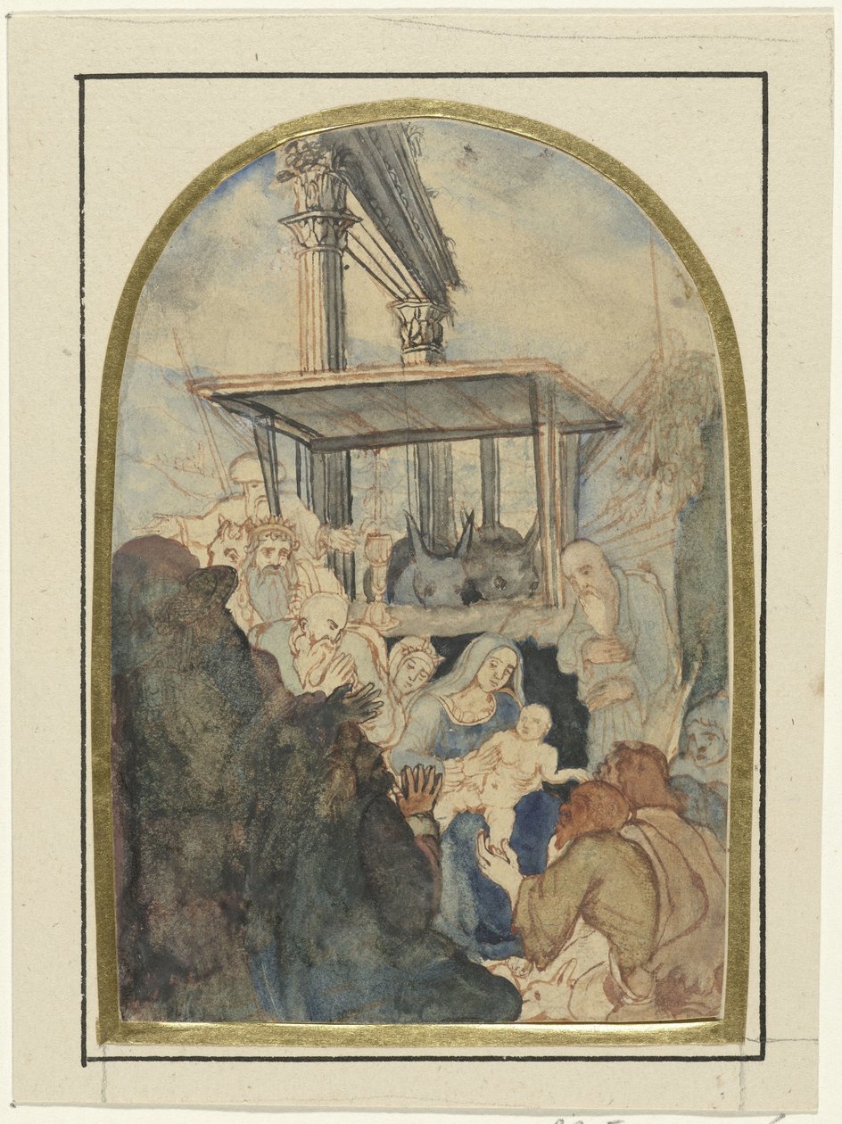 Magi'ye Tapınma Çalışması, arka planda iki Korint sütunlu bir harabe by Rodolphe Bresdin