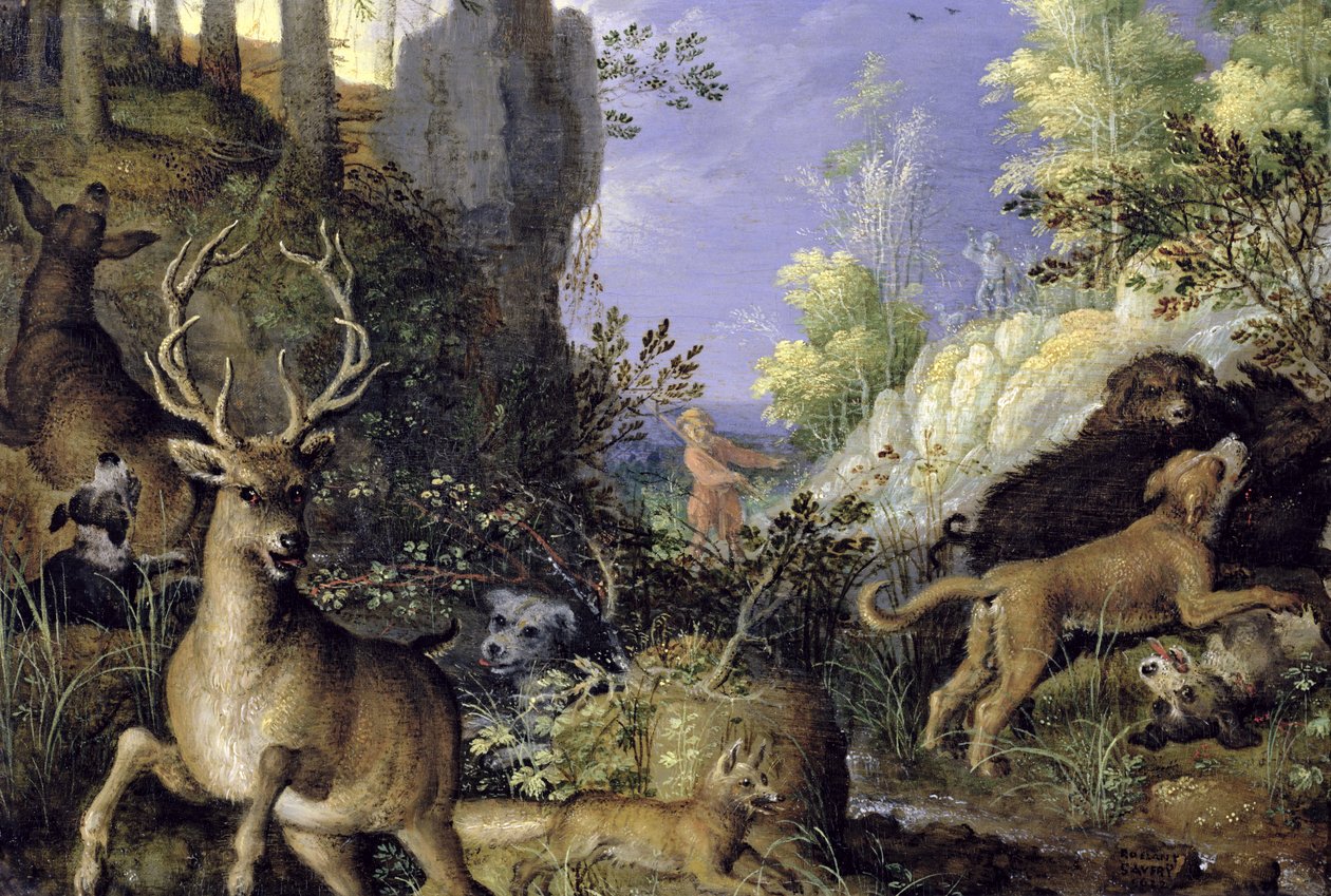 Avcılar ve hayvanlarla dolu bir ormanlık sahne by Roelandt Jacobsz. Savery