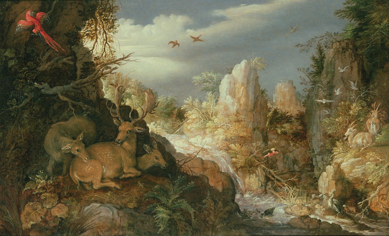 Geyik ile dağ manzarası by Roelandt Jacobsz. Savery