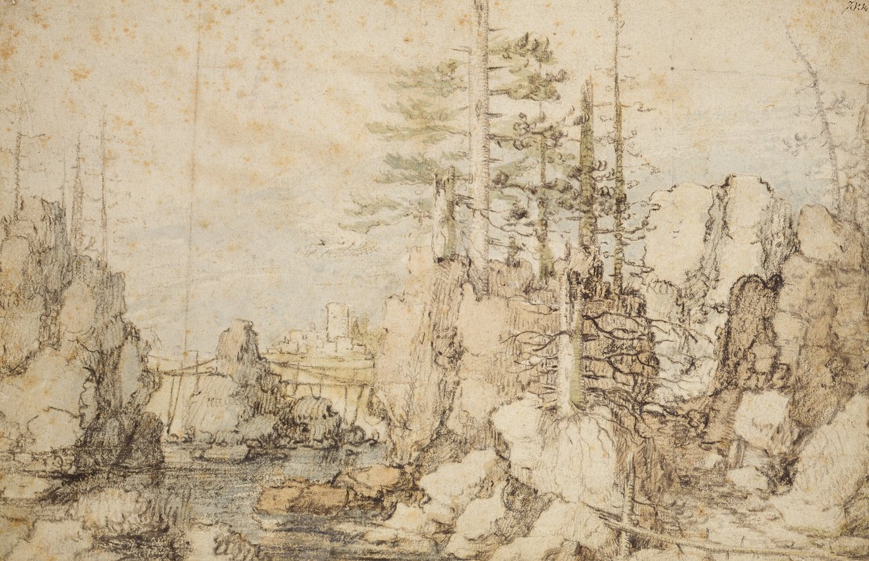 Ağaçlık ve kayalık manzara, c.1606-07 (kağıt üzerine siyah ve renkli tebeşir ve klozet) by Roelandt Jacobsz. Savery