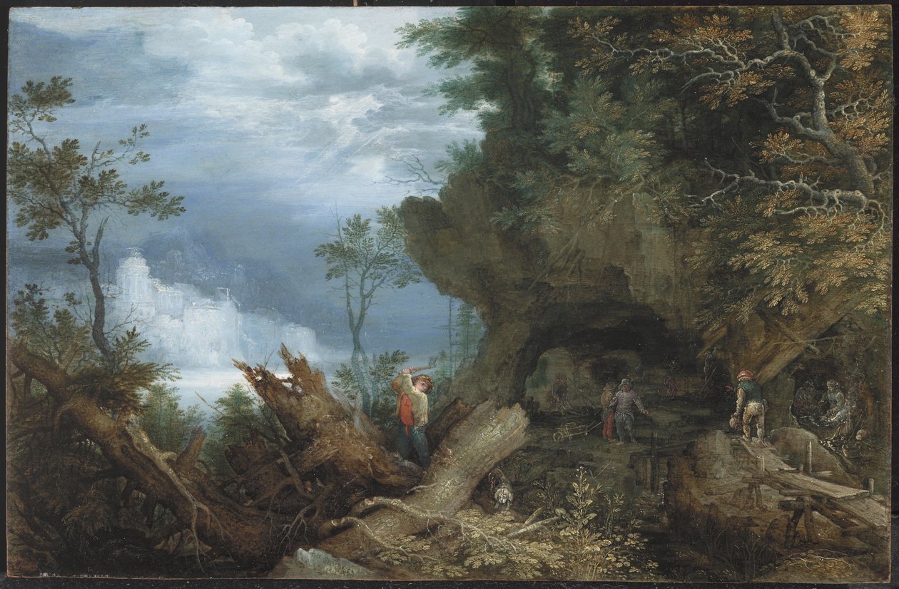 Madene Girişi Olan Dağlık Manzara, c.1612-13 (kayın panel üzerine yağlı boya) by Roelandt Jacobsz. Savery