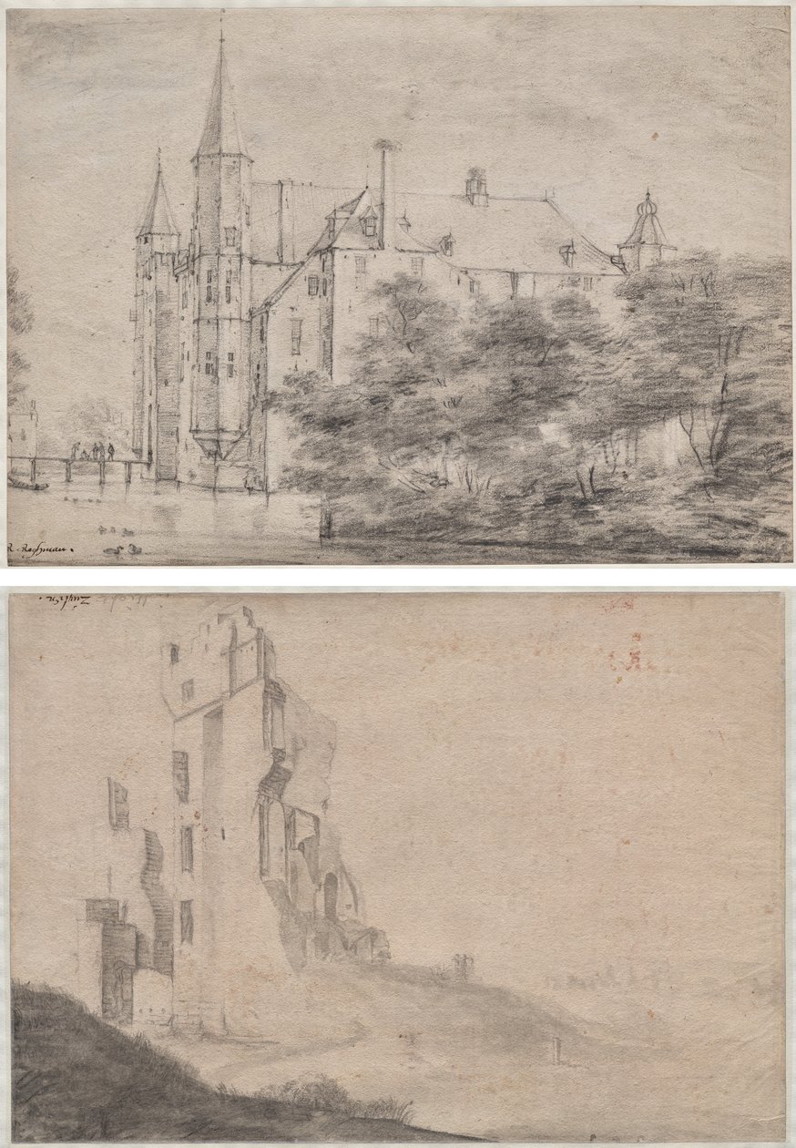 Utrecht yakınlarındaki Zuylen Kalesi (recto)/Haarlem yakınlarındaki Ter Kleef evinin harabesi (verso) by Roelant Roghman