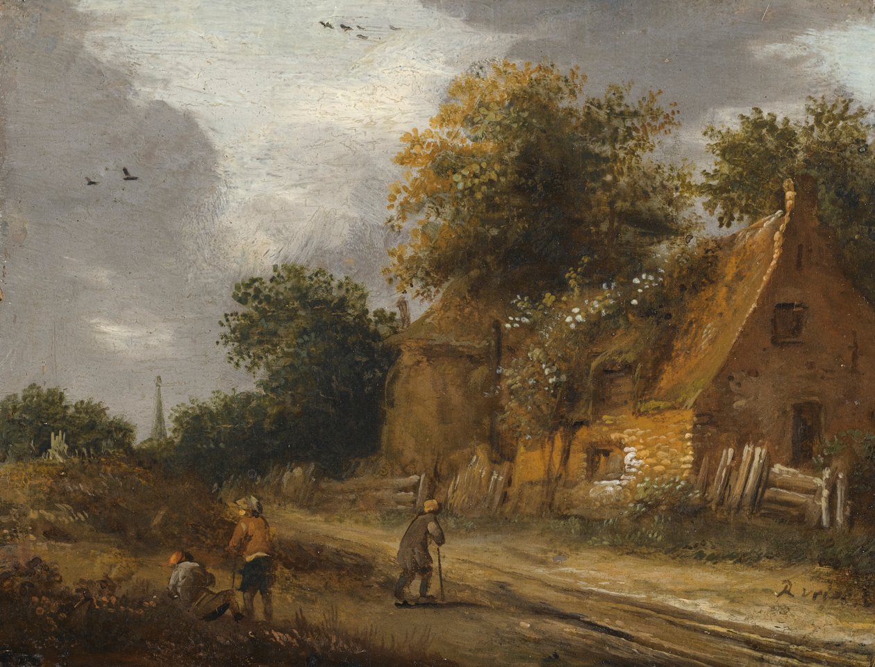 Bir kulübenin önünden geçen üç figür by Roelof Jansz van Vries
