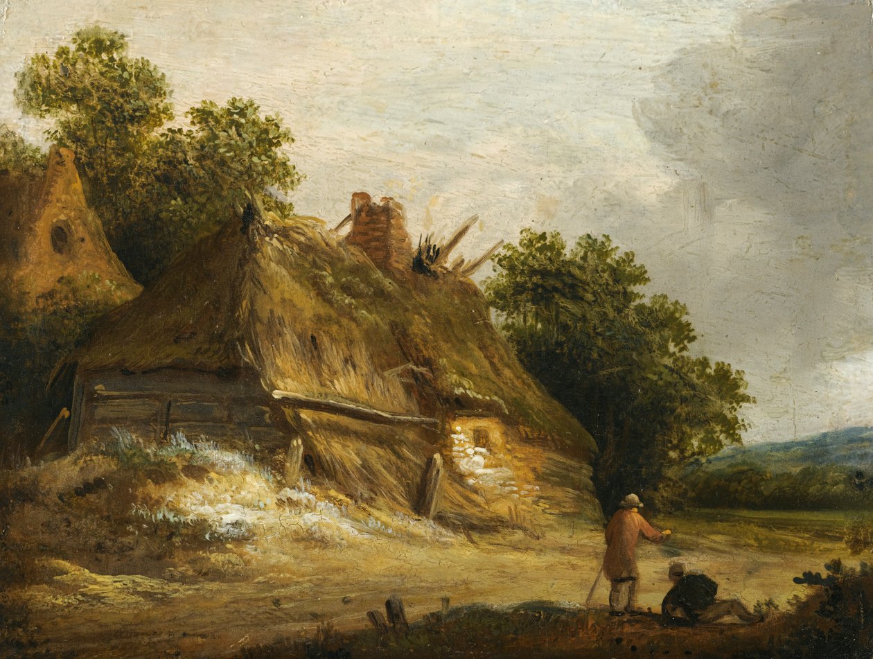 Bir kulübenin önünde yol boyunca geçen iki figür by Roelof Jansz van Vries
