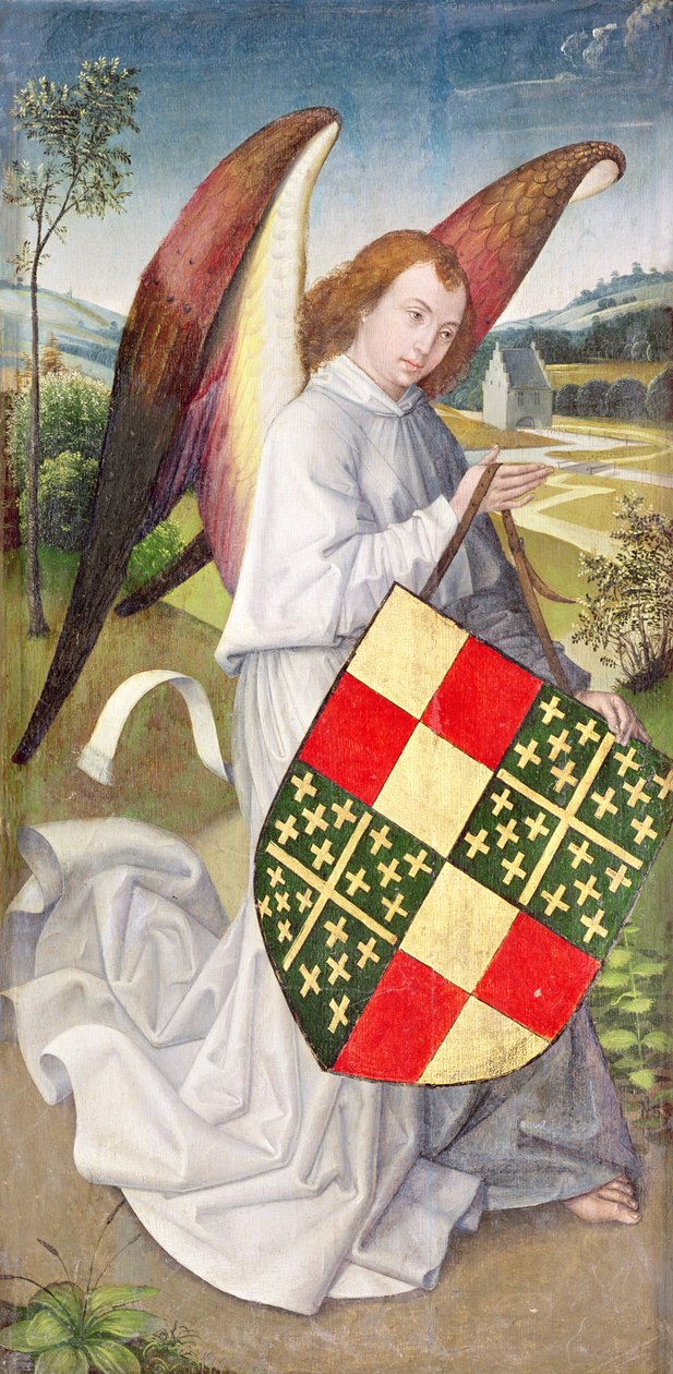 Melek, de Chaugy ve Montagu kollarının hanedan kollarıyla süslenmiş bir kalkan tutuyor, 1460-66 by Rogier van der Weyden
