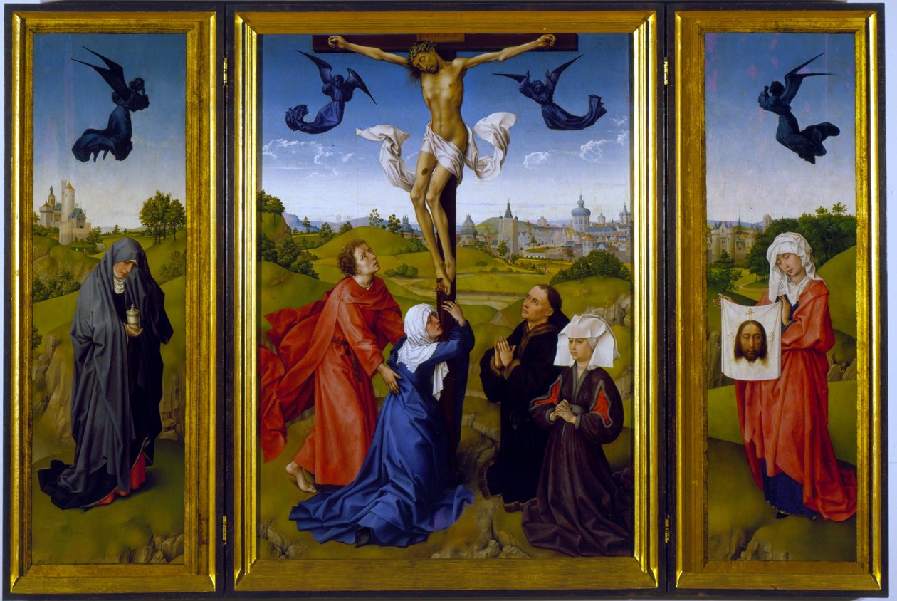St. Mary Magdalene, St. Veronica ve bilinmeyen Patronlar ile çarmıha germe üçlüsü, c.1440-45 by Rogier van der Weyden