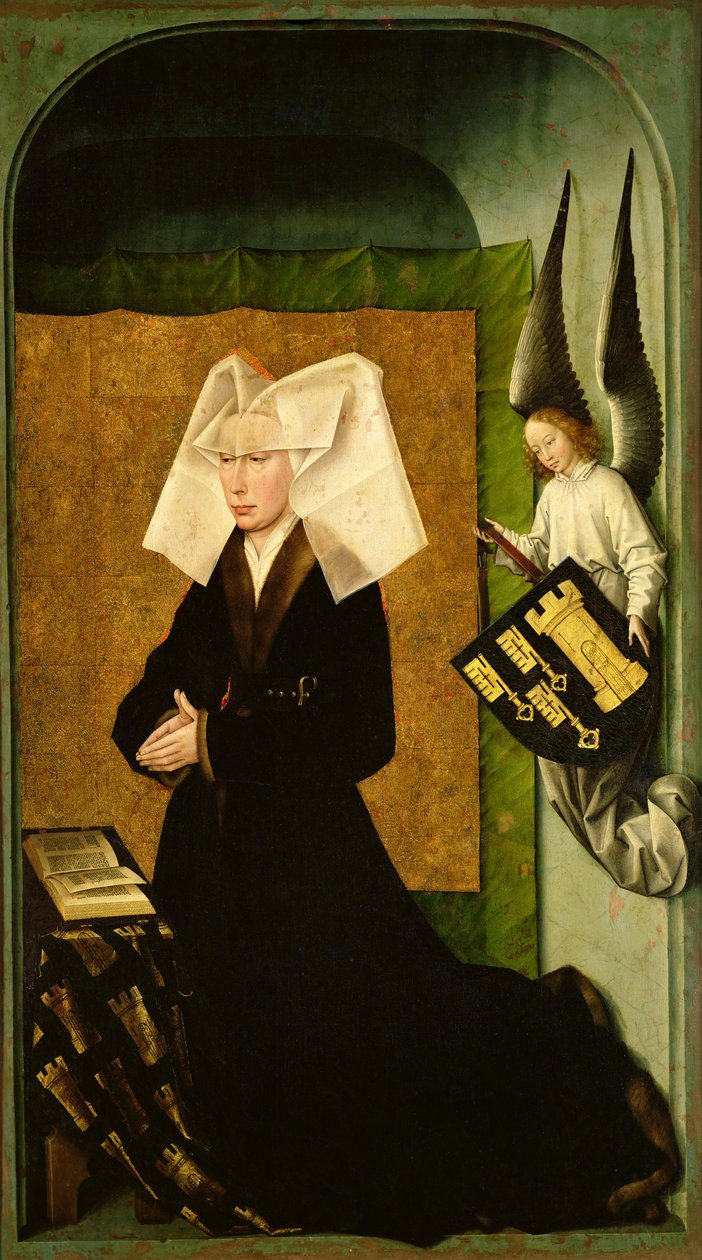 Guigone de Salins, bağışçının karısı, Şansölye Nicholas Rolin, Duada Diz çökmüş, Son Yargı poliptiğinin arka yüzünden, c.1445-50 (bkz. 20546, 170074 ve 170078) by Rogier van der Weyden