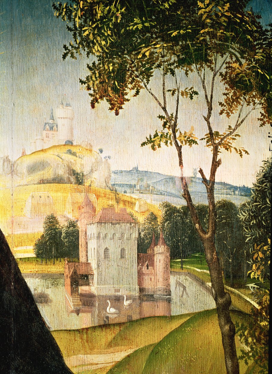 Bir hendekte kale ve iki kuğu ile manzara, 1460-66 (344036 detayı) by Rogier van der Weyden
