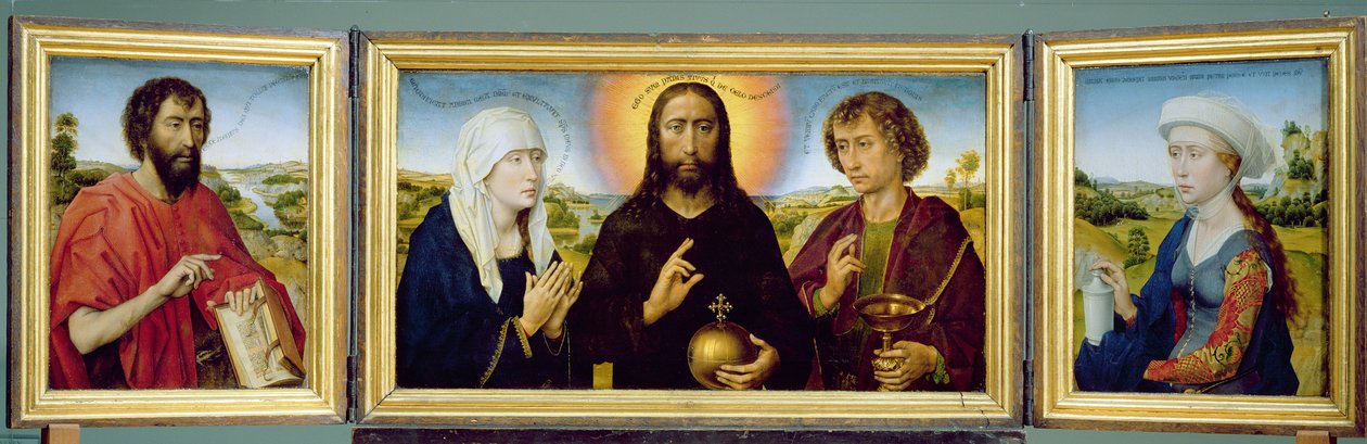 Braque Ailesi Üçlü Parçası, Vaftizci Yahya, Bakire ve Aziz John the Evangelist arasındaki Kurtarıcı İsa, St. Mary Magdalene, c.1551 (ahşap panel üzerine yağlı boya) (ayrıca bkz. 15987, 205723, 223218) by Rogier van der Weyden