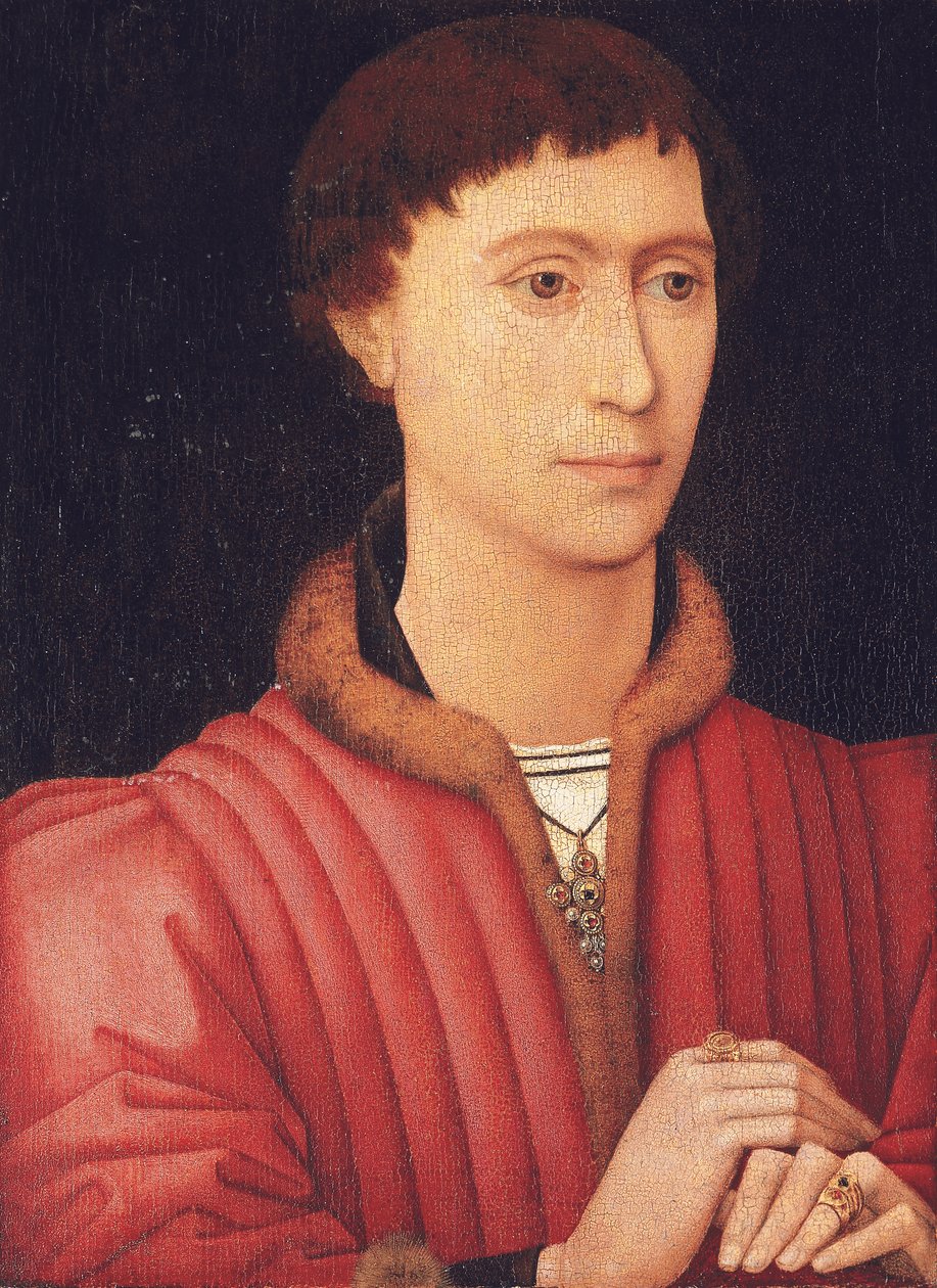 Genç bir adamın portresi, göğüs boyunda, kürklü kırmızı bir yelek giymiş, c.1450-60 (panelde yağlı boya) by Rogier van der (circle of) Weyden