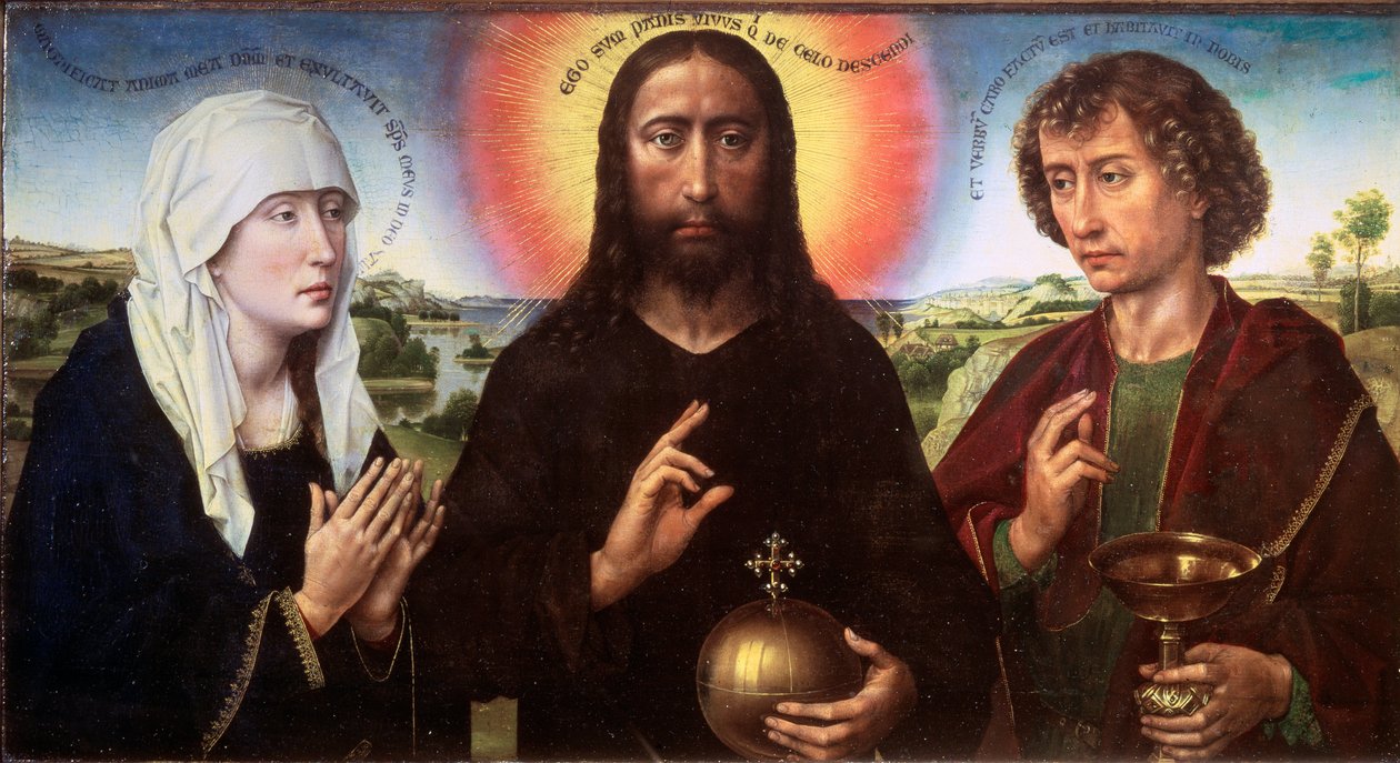 Bakire ve Evangelist Aziz John (Üç Parçalı Braque) arasındaki kurtarıcı İsa, yaklaşık 1450 (Ahşap üzerine yağ) by Rogier van der Weyden