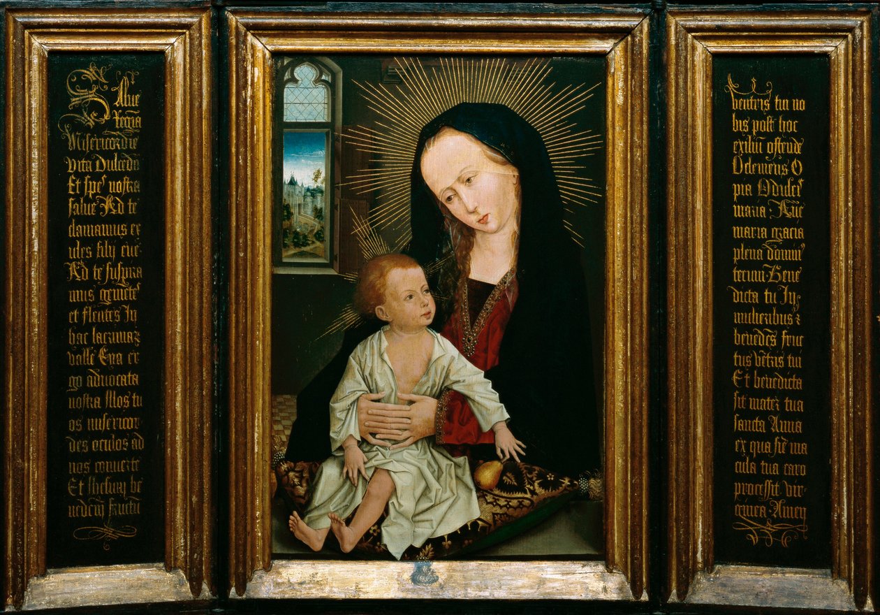 Salve Regina (Salve, Ey Kraliçe, Katolik duası), Bakire ve Çocuğun armut tutan temsili (tahta üzerine yağ) by Rogier van der Weyden