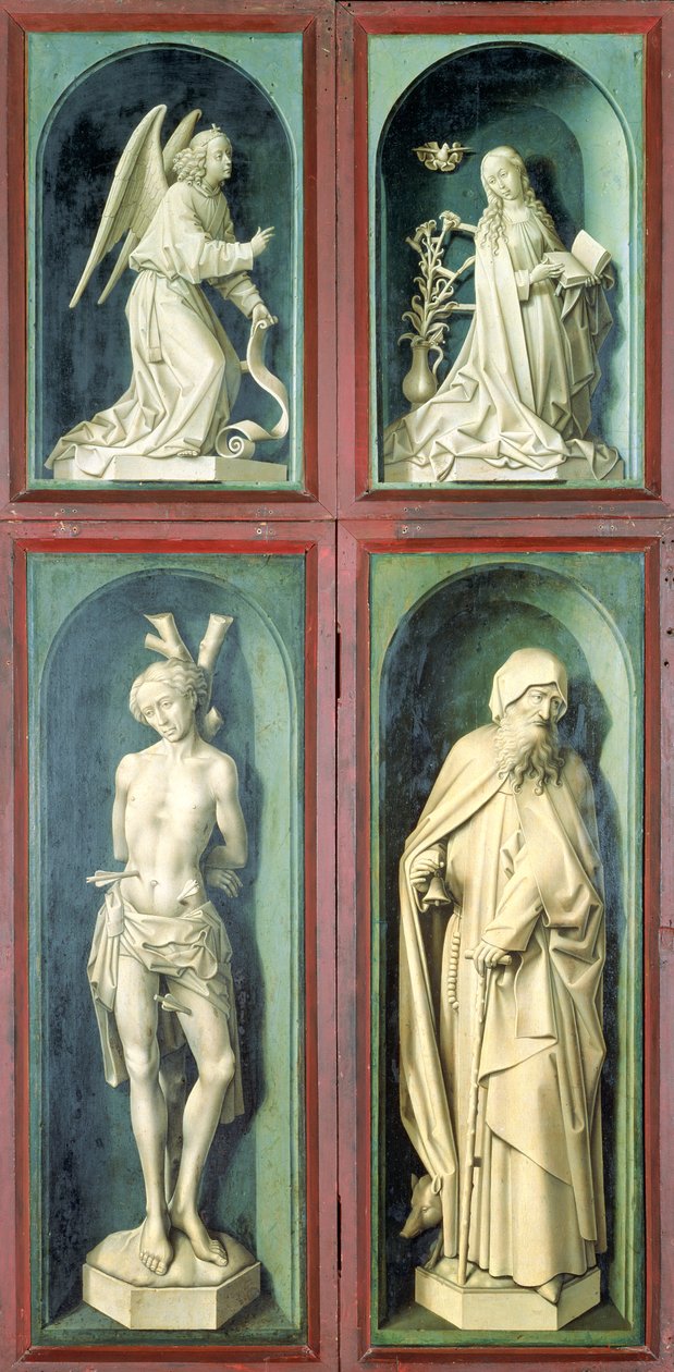 Müjde, Aziz Sebastian, Büyük Aziz Anthony ve iki Bağışçı, Son Yargının arkasından paneller, c.1445-50 (panelde yağlı boya) by Rogier van der Weyden