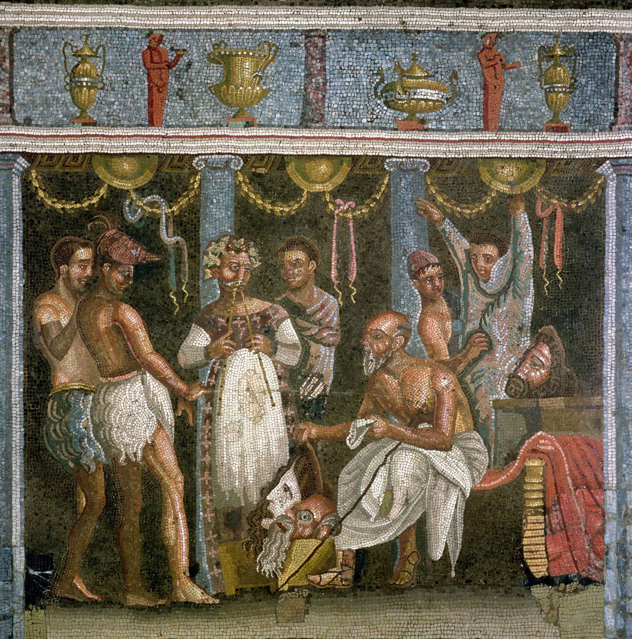 Bir Satyr oyunu için prova yapan oyuncular, MS 62-79 dolayları (mozaik) by Roman