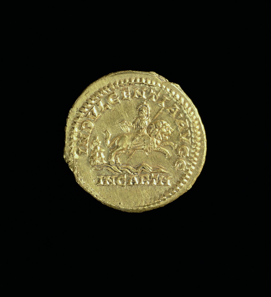 Caracalla'nın (MS 196-MS 217) Aureus'u (ters), bir aslanın üzerine binen tanrıça Caelestis'i tasvir ediyor. Yazıt:INDVULGENTIA AVGG IN CARTH (altın) (ön yüz için bkz. 119135) by Roman