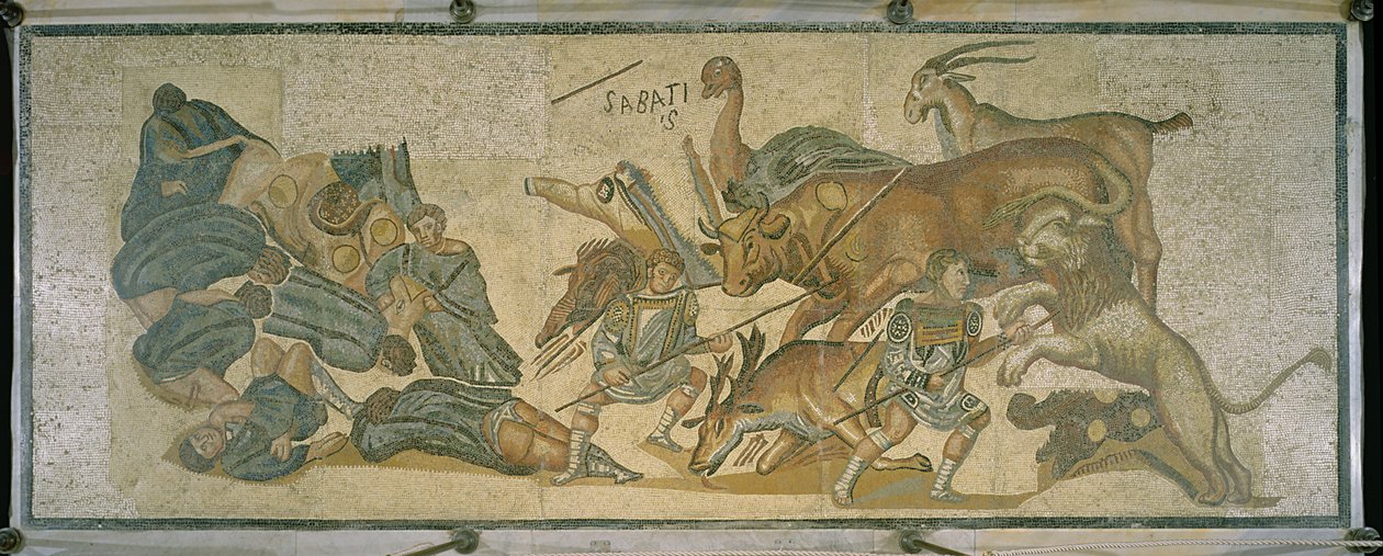 Gladyatörler ve hayvanlar arasındaki savaş, MS 320 (mozaik) by Roman
