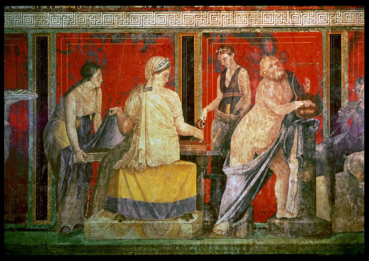Bir Tepsi Yemek Taşıyan Silenus ile Lir Çalan ve Syrinx Çalan Genç Bir Satyr, Kuzey Duvarı, Oecus 5, MÖ 60-50 by Roman
