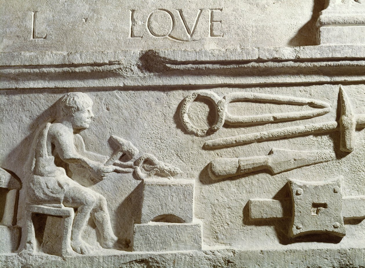 Bir demirci dükkanını ve aletlerini gösteren kabartma by Roman