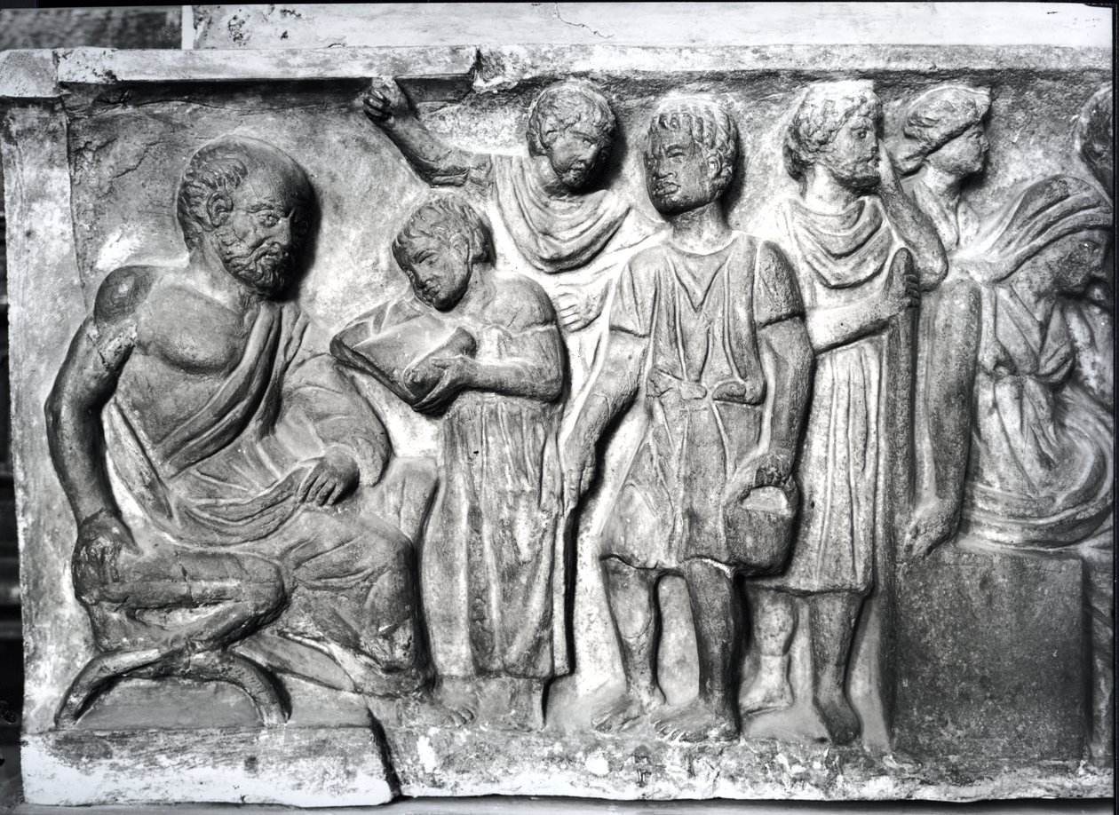 Relief depicting a boy reading to his teacher, detail from the Sarcophagus of the Conclamation   by Roman