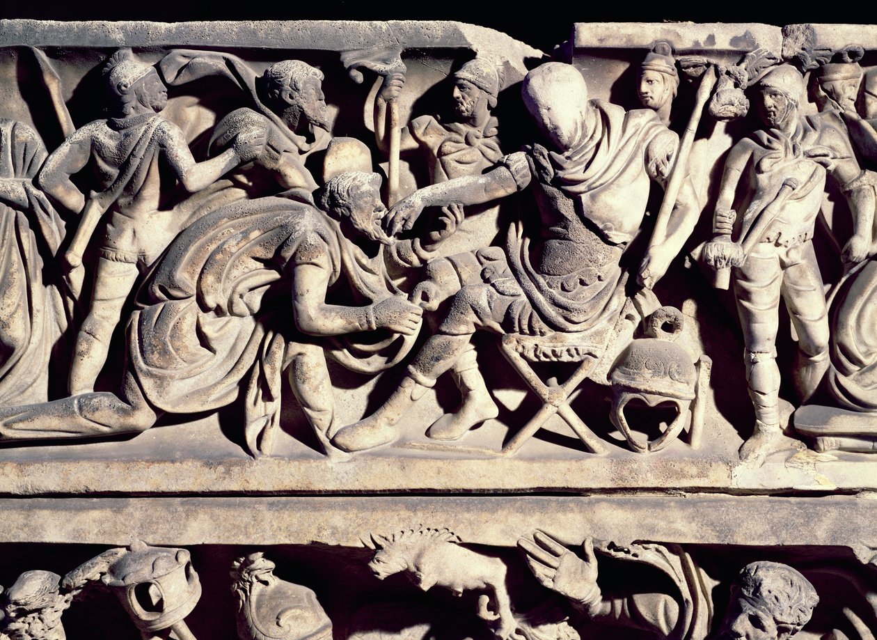 Bir barbarın bir Romalı generale boyun eğmesini betimleyen bir lahitten rölyef by Roman