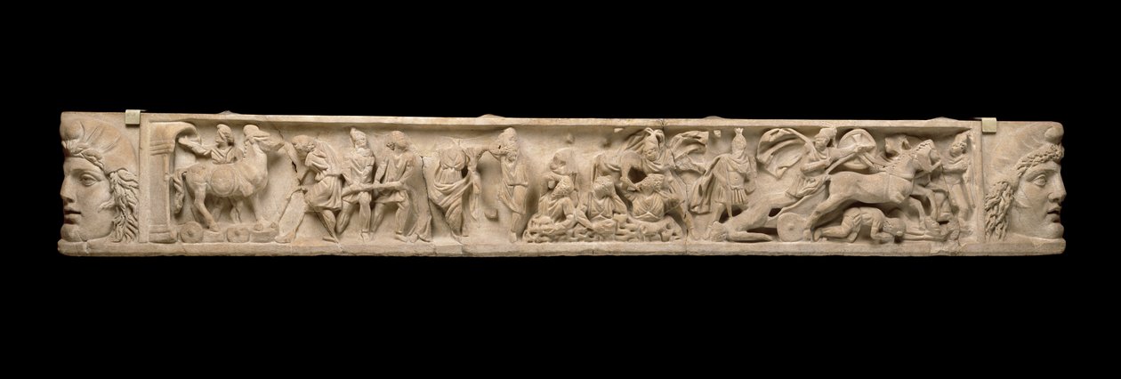 Truva Savaşı kabartmalı lahit kapağı - Truva Çuvalı, Truva Atı ve Aşil ve Hector