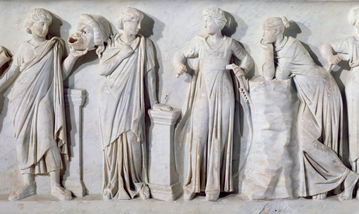 İlham perilerinin lahiti, Thalia, Erato, Euterpe ve Polyhymnia detayı, MS 160 civarı mermer by Roman