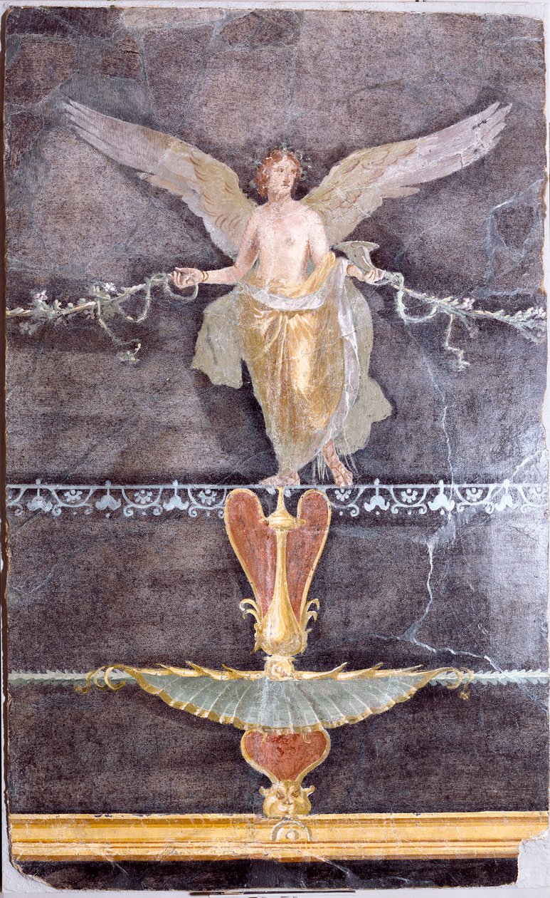 Siyah Zemin üzerinde kanatlı Dişi (Nike) bulunan duvar parçası, c. 70 by Roman