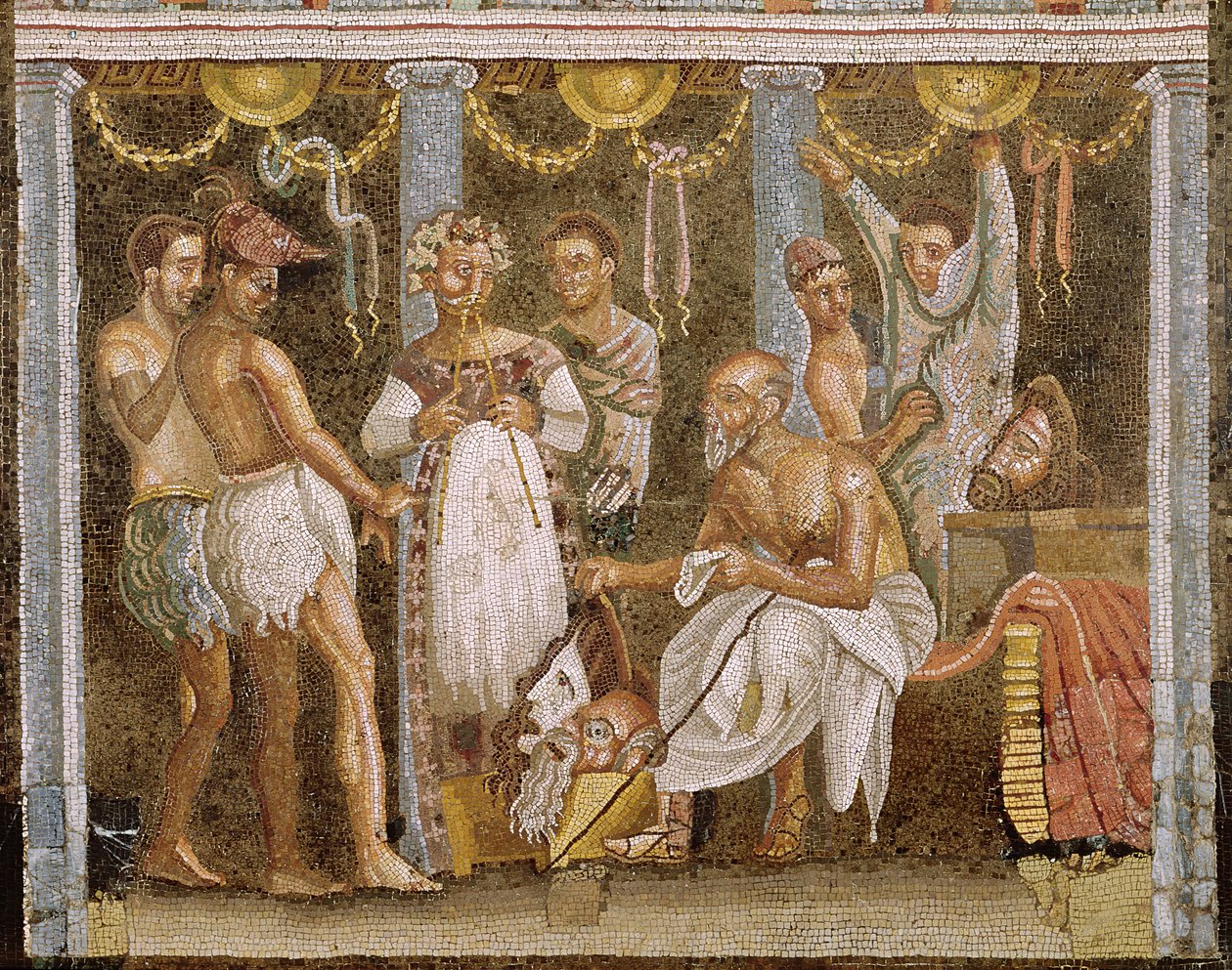 Bir Satyr oyunu için prova yapan oyuncular, MS 62-79 dolayları (mozaik) (ayrıca bkz. 5035) by Roman Imperial Period