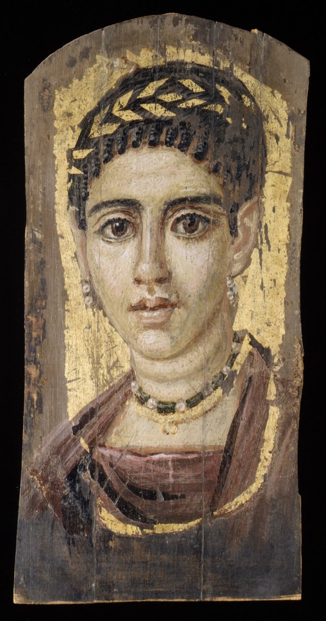 Yaldızlı çelenkli genç bir kadının portresi, MS 120-140 (enkaustik, ahşap, altın varak) by Roman Period Egyptian